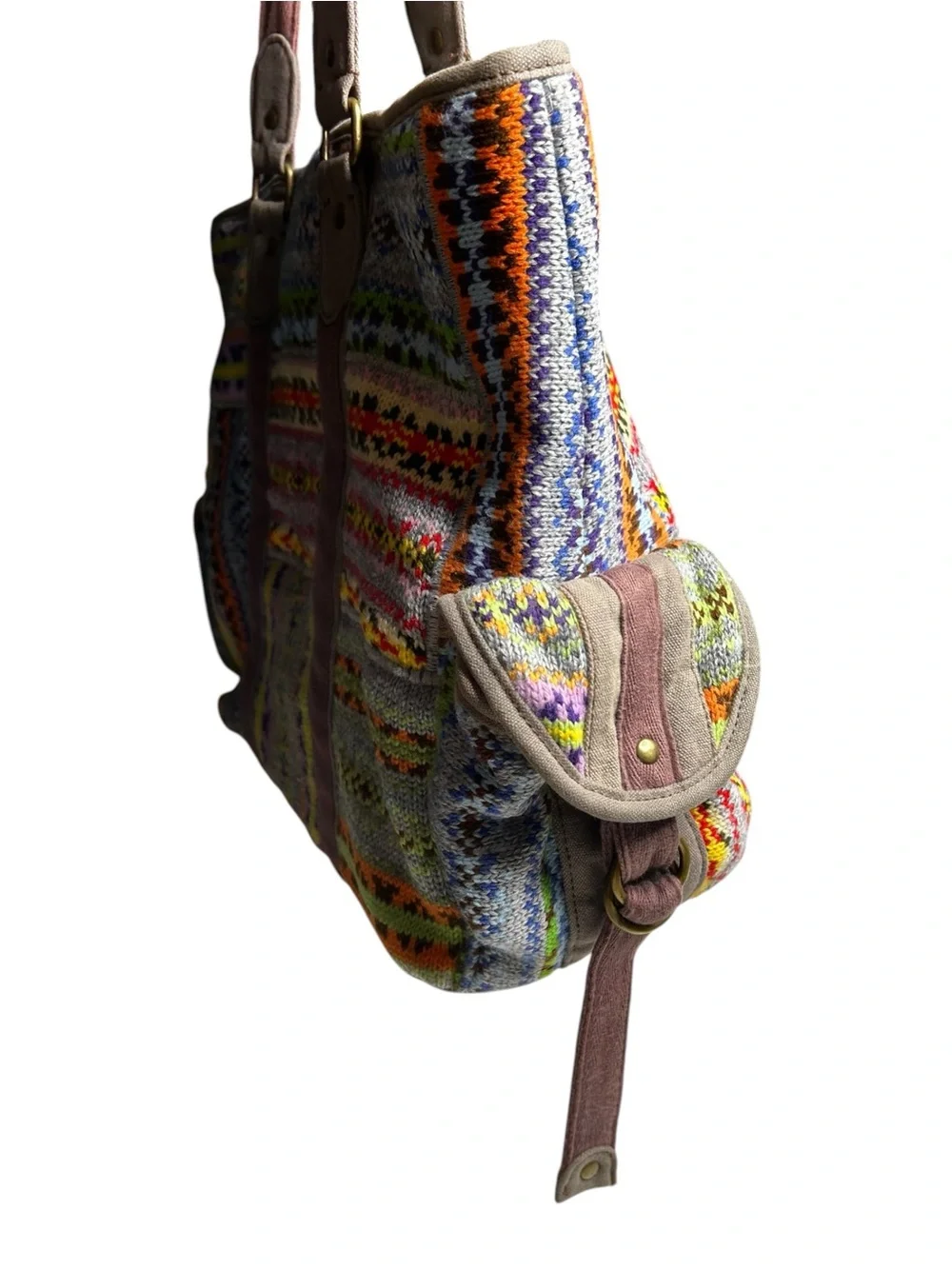 Free People Weekender Woven Tote Bag Boho Tribal Knit Orange Lined OS